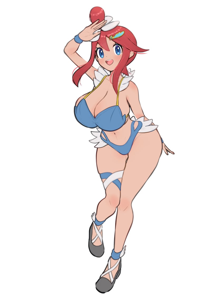 bikini bimbo blue_eyes booty cute gonzarez hairpin huge_breasts huge_thighs pokemon pokemon_bw red_hair sandals skyla_(pokemon) smile swimsuit thigh_squish thin_waist waving_at_viewer