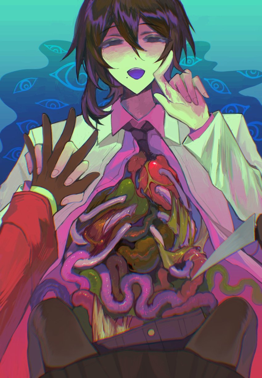 1boy black_eyes black_gloves black_hair black_pantyhose black_skirt chinese_commentary chromatic_aberration collared_shirt commentary_request female gloves guro heart_(organ) highres holding holding_knife intestines jacket jiubadianshiajiedianhua knife li_yuting_(female) long_sleeves mo_chengwei mole mole_under_mouth open_clothes open_jacket open_mouth organs pantyhose pink_shirt pleated_skirt shirt skirt smile solo_focus teeth touqi_guaitan upper_teeth_only white_jacket