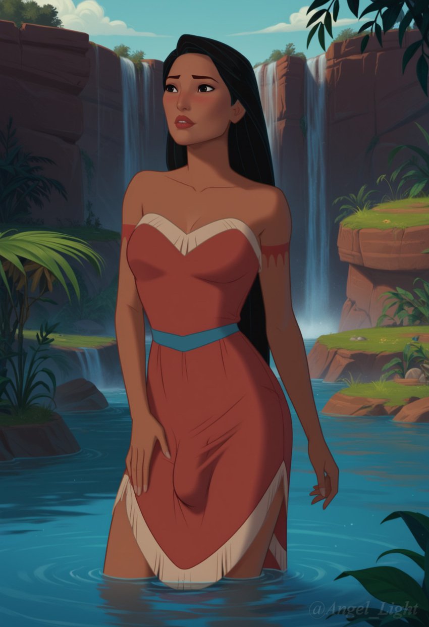 1futa 1girls ai_generated angel_light angel_light_(artist) black_hair bulge dickgirl disney disney_princess dress futanari penis pocahontas pocahontas_(character) princess