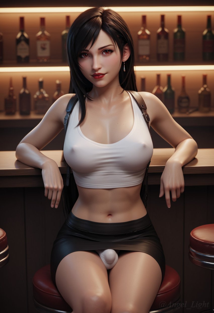 1futa ai_generated angel_light angel_light_(artist) ass black_hair breasts bulge dickgirl final_fantasy final_fantasy_vii final_fantasy_vii_remake futanari nipples_visible_through_clothing red_eyes tifa_lockhart