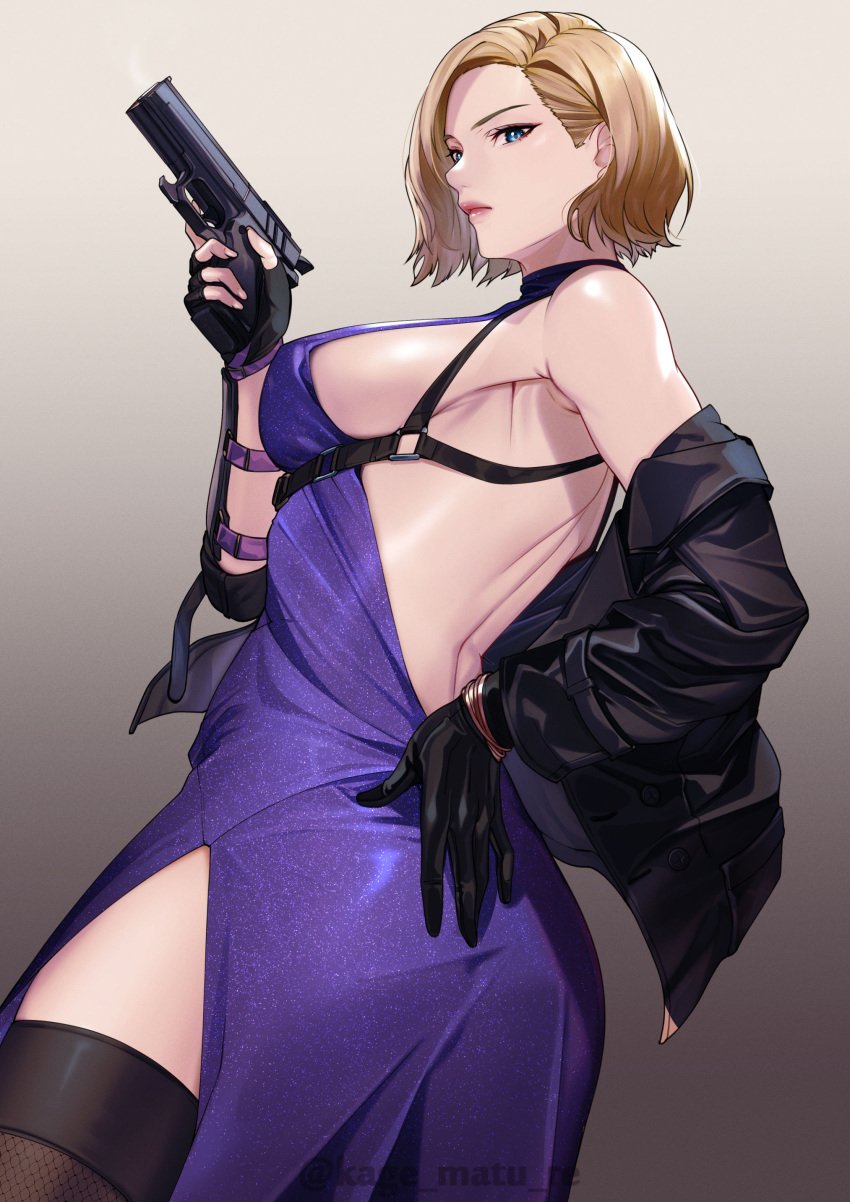 ass_focus back_view blonde_hair booty breasts dress female female_only gloves gun kagematsuri looking_at_viewer milf nina_williams sideboob tekken tekken_8 thick_thighs