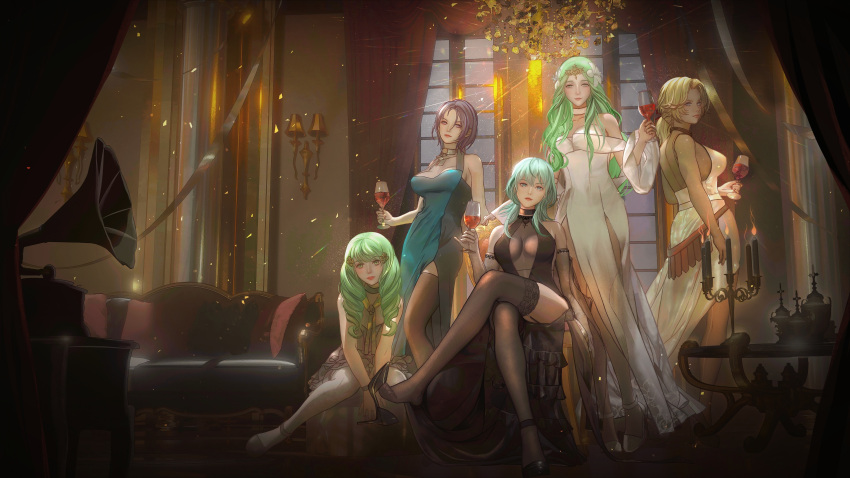 5girls absurdres alcohol alternate_costume armchair blonde_hair breasts byleth_(fire_emblem) byleth_(fire_emblem)_(female) candelabra catherine_(fire_emblem) chair couch cup dark-skinned_female dark_skin drill_hair drinking_glass female female_only fire_emblem fire_emblem:_three_houses flayn_(fire_emblem) formal garter_straps green_hair high_heels highres irisl looking_at_viewer multiple_girls nintendo rhea_(fire_emblem) shamir_nevrand shoe_dangle sitting thighhighs tiara twin_drills window wine wine_glass