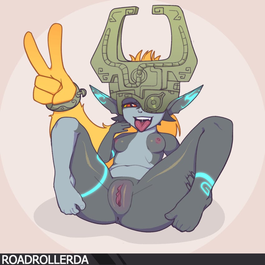 anus areola armor black_body blue_markings breasts eyelashes female genitals gesture grey_background grey_body hair hand_gesture headgear helmet hi_res humanoid humanoid_pointy_ears imp looking_at_viewer lying markings midna narrowed_eyes navel nintendo nipples on_back one_eye_obstructed open_mouth open_smile orange_hair pink_areola pink_nipples ponytail prehensile_hair pussy red_eyes roadrollerda short_stack simple_background small_breasts smile solo spread_legs spreading the_legend_of_zelda thick_thighs tongue tongue_out twili twilight_princess v_sign wide_hips yellow_sclera