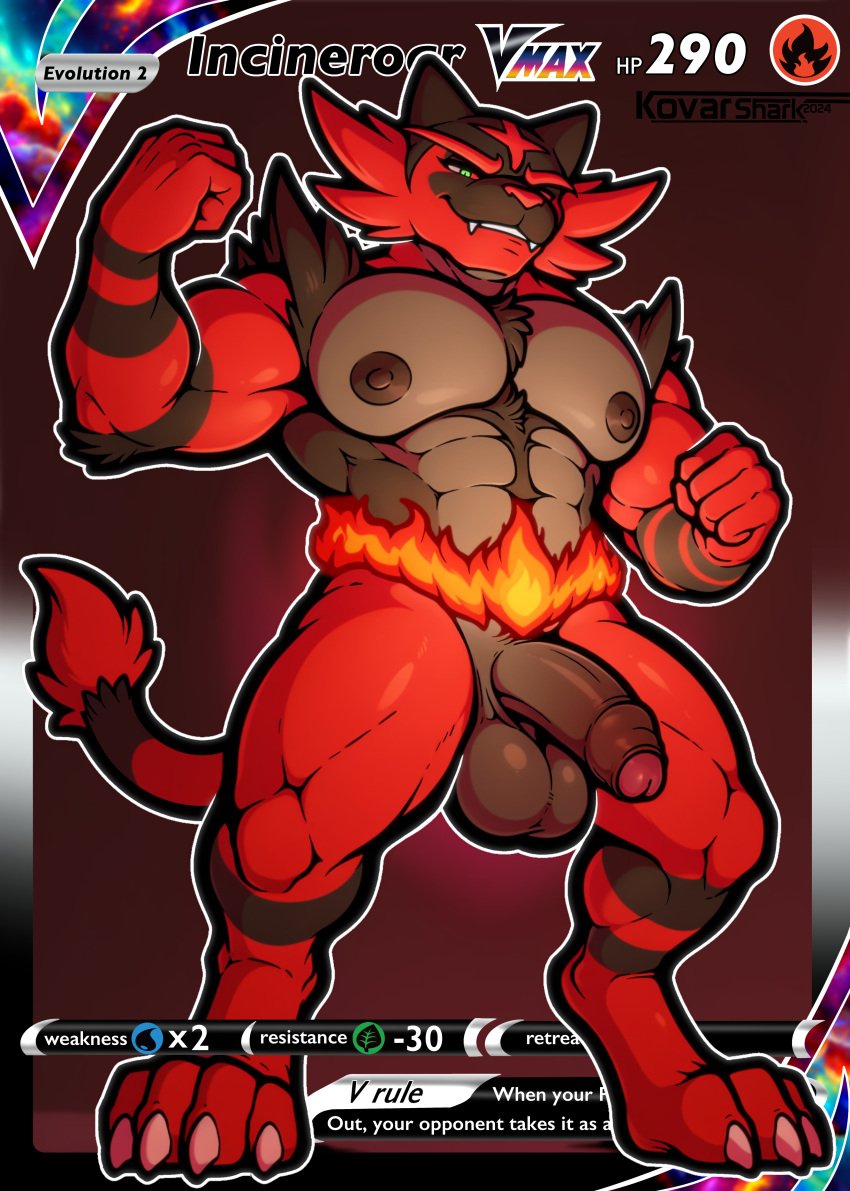 abs absurd_res anthro balls biceps big_balls big_pecs big_penis card digital_media_(artwork) erection fighting_pose fist fur generation_7_pokemon genitals glowing hi_res humanoid_genitalia humanoid_penis incineroar kovar male mammal muscular muscular_anthro muscular_male nintendo nipples nude pecs penis pokemon pokemon_(species) pose simple_background smile solo standing tail teeth text