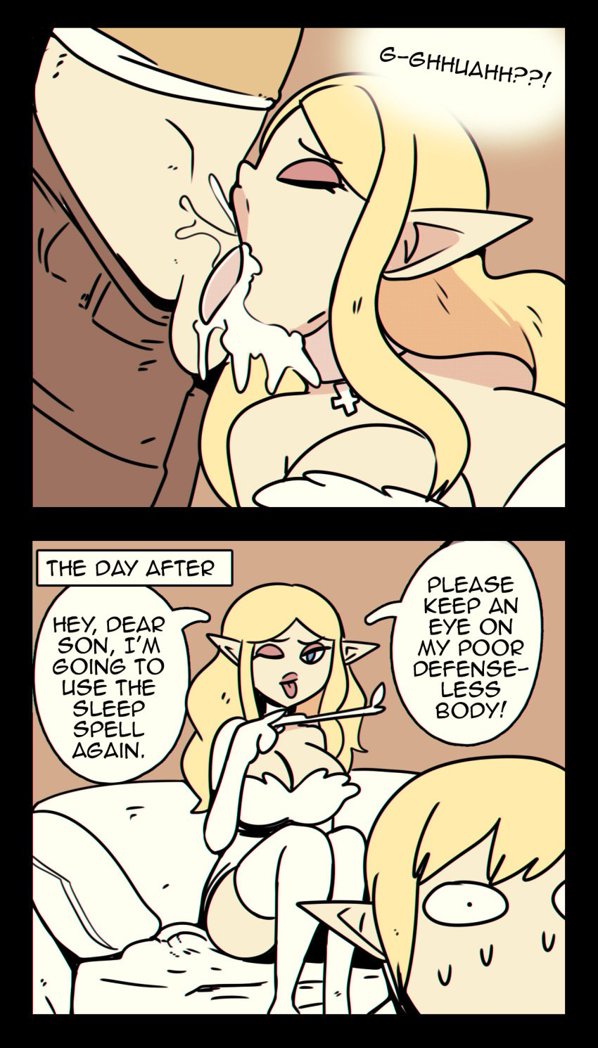 aware big_breasts blonde_hair blowjob blue_eyes breasts brown_pants closed_eyes comic comic_page cum cum_down_throat cum_drip cum_in_mouth cum_in_throat cum_leak cum_leaking cum_on_face cumming cumming_in_mouth deep_blowjob deep_penetration deep_throat deepthroat elf elf_ears elf_female elf_girl elf_male eyeshadow fellatio incest incest_(lore) incest_play large_breasts mother mother_and_son necklace oral oral_sex page_4 sleeping sleeping_female sleeping_sex somnophilia son thick_lips throat_fuck throat_fucking throatfuck unconscious unconscious_female white_armwear white_clothes white_clothing white_dress white_garter_belt wolfgang_bang