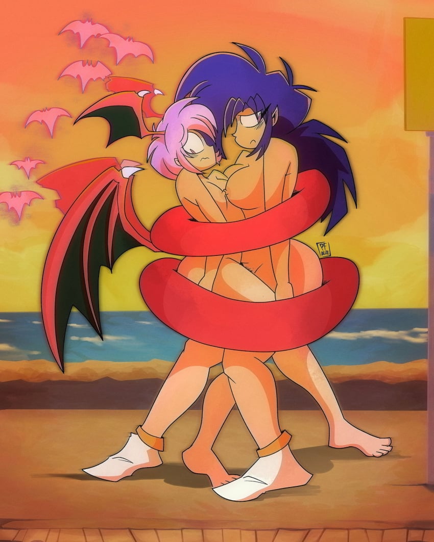 2girls ass breasts darkstalkers female innertube lilith_aensland meredith_(popfulblue) nude popfulblue succubus tagme