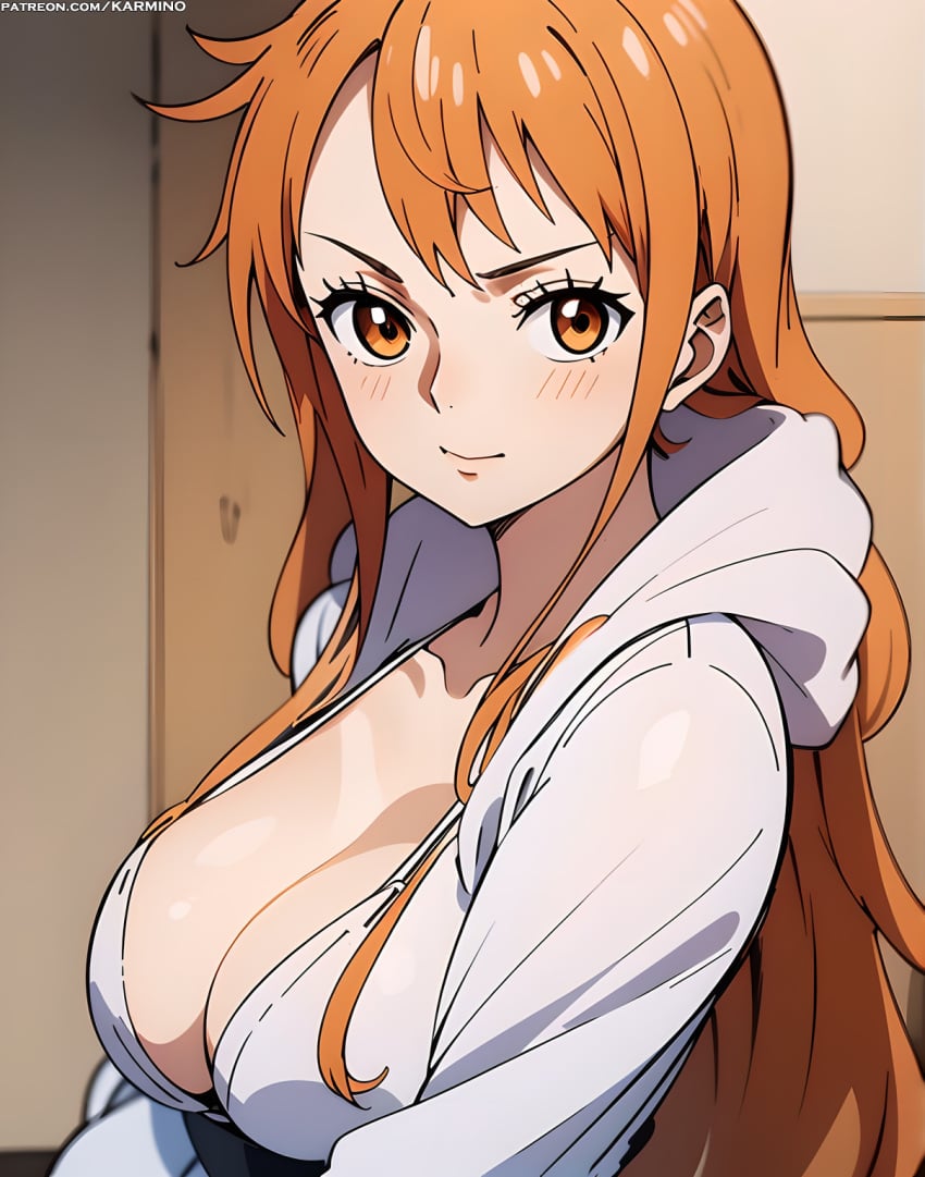 ai_generated bangs blush breasts brown_eyes clavicle cleavage closed_mouth clothing female female_only hood hood_down hooded_jacket hoodie jacket karmino large_breasts long_hair long_sleeves looking_at_viewer nami_(one_piece) one_piece open_clothes orange_eyes orange_hair shirt sidelocks smile solo stable_diffusion upper_body