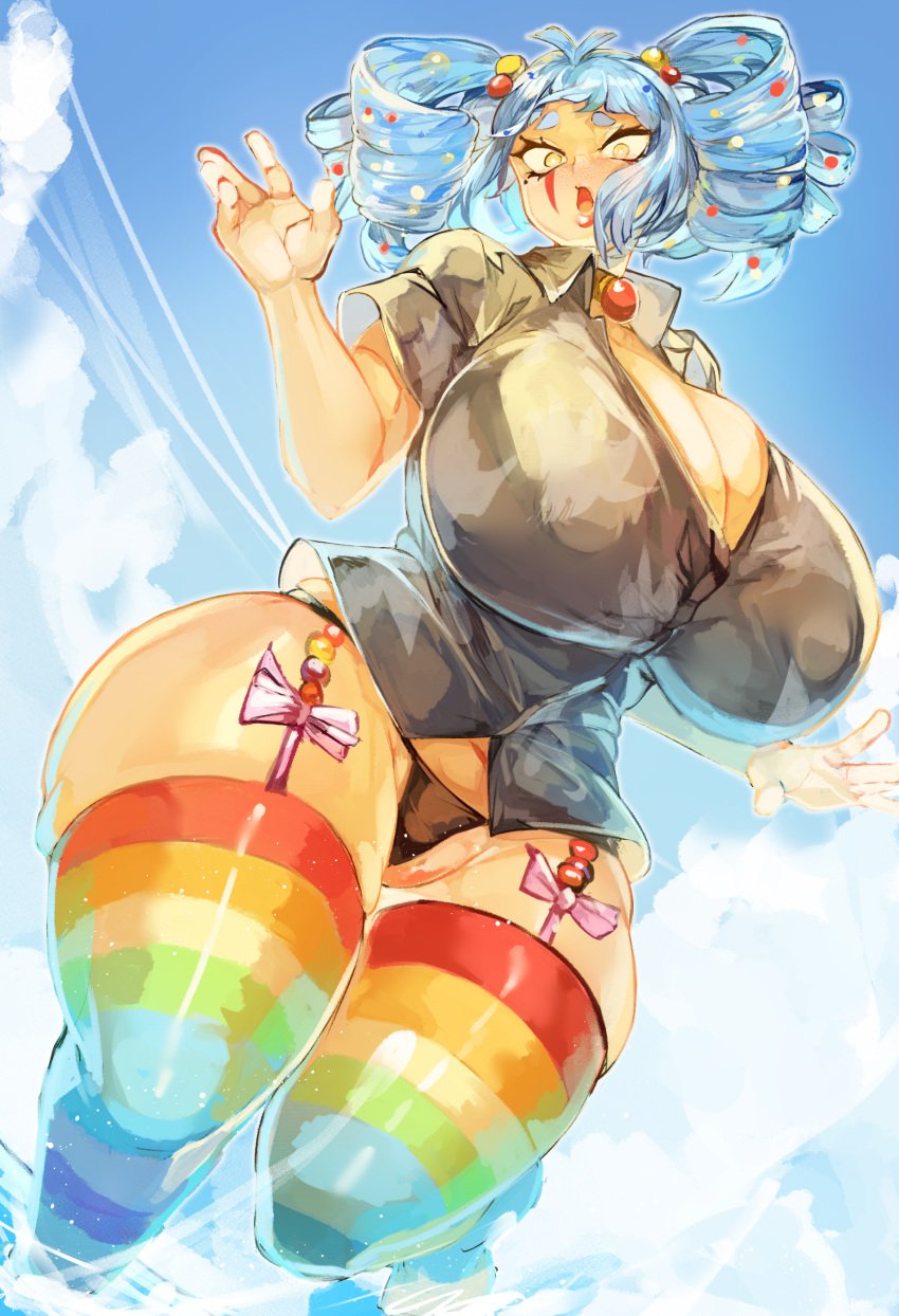 big_ass big_breasts blue_hair breast_expansion carisa_(aizurin) cyan_hair drill_hair giantess huge_breasts light_blue_hair panties_visible rainbow_clothing rainbow_legwear rainbow_thigh_highs rainbow_thighhighs tagme thick_thighs twin_drills wide_hips wtgn_grim yellow_eyes