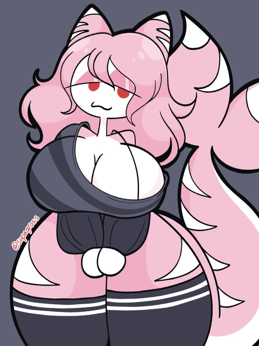 curvy curvy_female curvy_figure female female_focus female_only huge_boobs huge_breasts pink_hair pink_skin red_eyes shark_tail simple_face supagross thick_thighs thighhighs twitter_user_oc