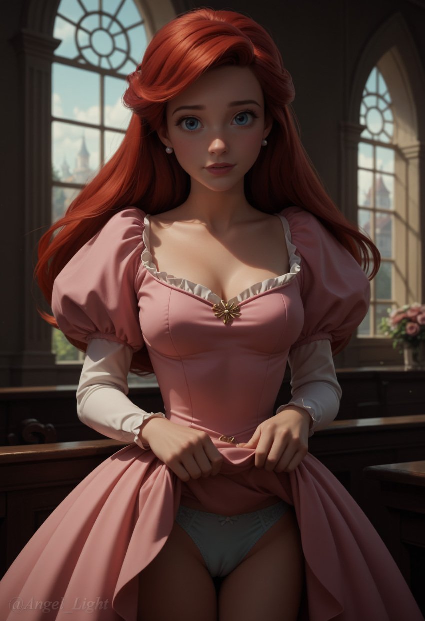 ai_generated angel_light angel_light_(artist) ariel ariel_(the_little_mermaid) blue_eyes cameltoe cute disney disney_princess panties princess red_hair skirt_lift the_little_mermaid