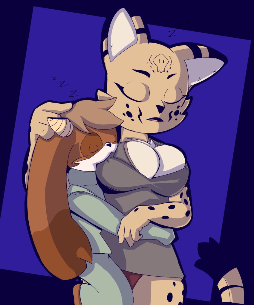 big_breasts billie_bust_up elaine_corso_(billie_bust_up) felid felid_humanoid feline feline_humanoid fur furry furry_breasts furry_female furry_male furry_only furry_tail goat humanoid oc oc_character oc_x_canon serval sleeping sleeping_together sleepwear