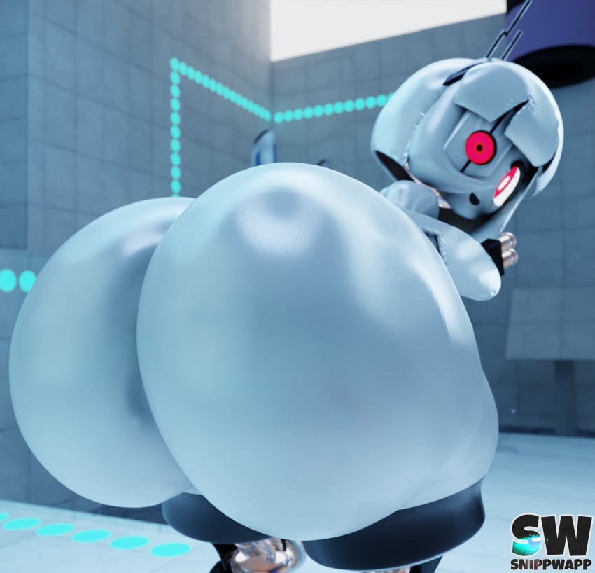 1girls 3d 3d_(artwork) android ass ass_body ass_focus big_ass big_butt blender blender_(software) blender_cycles bubble_ass bubble_butt dat_ass dumptruck_ass fat_ass female female_only highres huge_ass huge_butt looking_at_viewer portal_(series) red_eyes robot robot_girl shiny_skin short_hair smile smiling_at_viewer snippwapp solo solo_female solo_focus thick_ass turret_(portal) valve white_hair