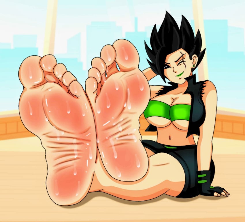 big_breasts big_feet big_soles dragon_ball dragon_ball_super dragon_ball_z foot_fetish foot_focus gloves lipstick looking_at_viewer marcelinhofeet original_character scar smiling_at_viewer stoney_(oc) sweat sweaty sweaty_feet tubetop winking_at_viewer