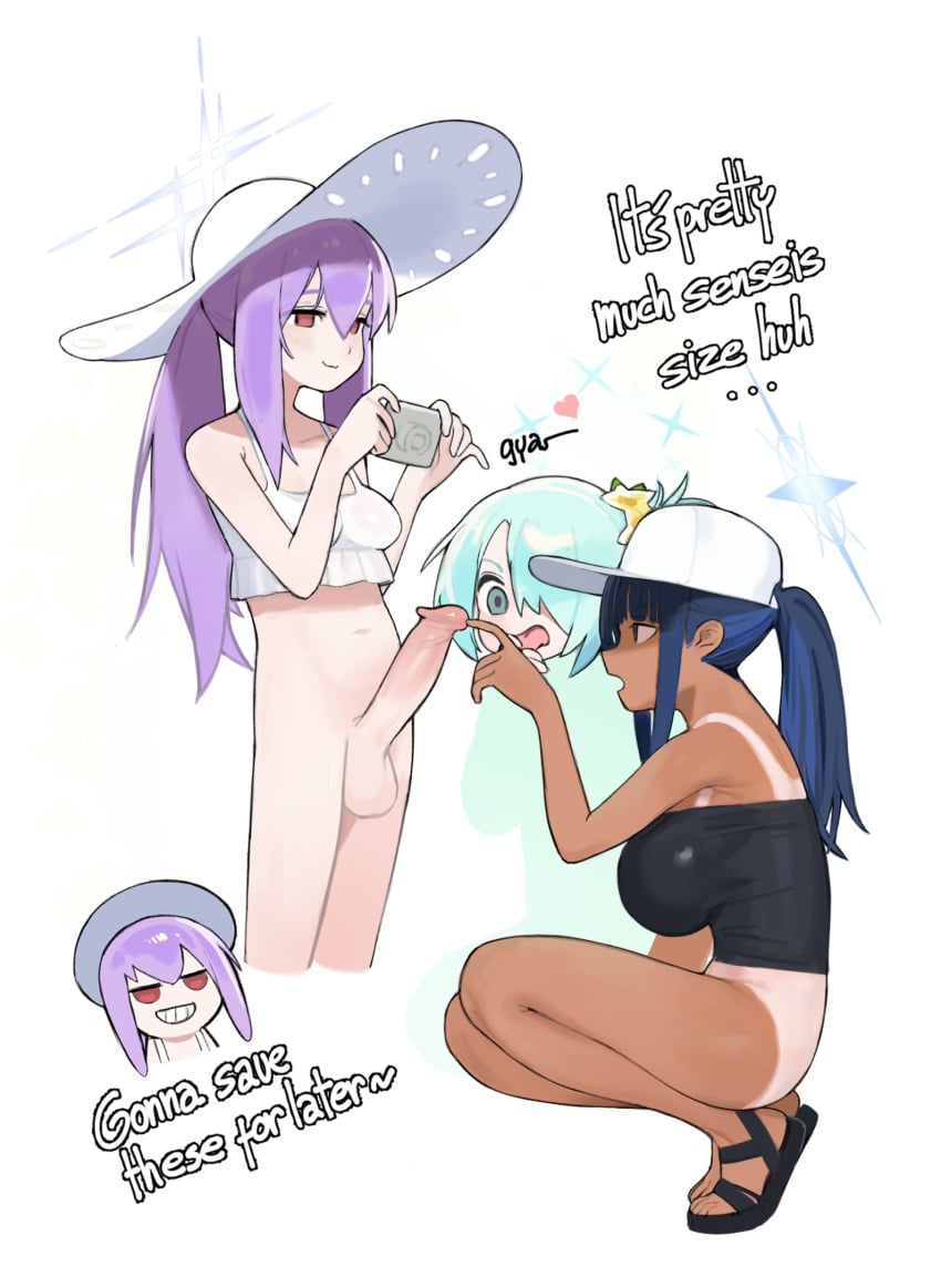 1futa 2girls 3girls aqua_hair atsuko_(blue_archive) atsuko_(swimsuit)_(blue_archive) baseball_cap big_penis black_footwear blue_archive blue_hair blue_halo bottomless breasts camera closed_mouth dark-skinned_female dark-skinnedsub dark_skin english_text erection female futa_on_female futa_with_female futanari grin hair_between_eyes hair_over_one_eye halo hat heart highres hiyori_(blue_archive) holding holding_camera large_breasts large_penis light-skinned_futanari light_skin long_hair looking_at_penis multiple_girls open_mouth penis penis_awe poking_penis ponytail purple_hair red_eyes sandals saori_(blue_archive) saori_(swimsuit)_(blue_archive) sidelocks simple_background size_talk smile snorkel14 squatting sun_hat tan tanlines testicles tongue tongue_out uncensored white_background white_hat