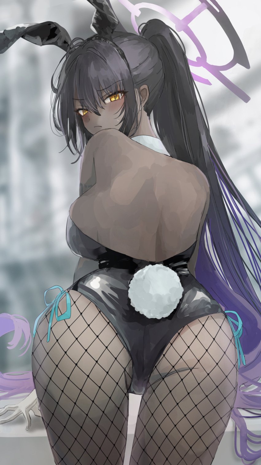 ass bent_over black_hair blue_archive blurry_background blush booty dark-skinned_female karin_(blue_archive) karin_(bunny)_(blue_archive) looking_at_viewer looking_back playboy_bunny ponytail yellow_eyes