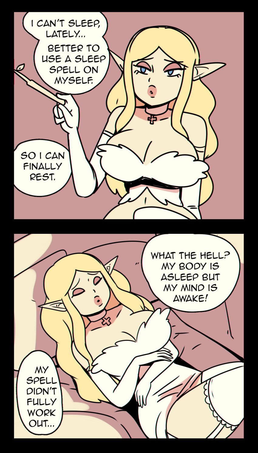 aware big_breasts blonde_hair blue_eyes breasts closed_eyes comic comic_page elf elf_ears elf_female elf_girl eyeshadow large_breasts magic magic_user magic_wand necklace page_1 sleeping sleeping_female somnophilia thick_lips thought_bubble unconscious unconscious_female wand white_armwear white_clothes white_clothing white_dress white_garter_belt wolfgang_bang