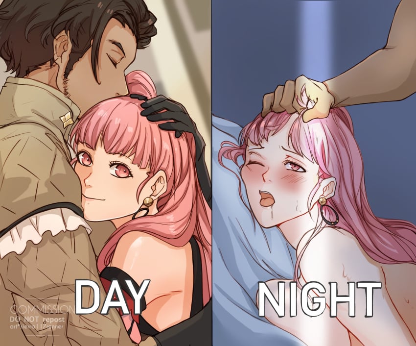 1boy 1boy1girl 1girls 2024 bed bedroom big_breasts blush blush_lines breasts brown_hair claude_von_riegan couple couple_(romantic) doggy_style doggy_style_position earrings fire_emblem fire_emblem:_three_houses gloves hair_grab hilda_valentine_goneril implied_sex long_hair nude nude_female open_mouth pillow pink_eyes pink_hair ponytail short_hair sideboob sideburns sierra117renner simple_background sometimes_like_this_also_like_that sweat sweatdrop sweating unseen_male_face