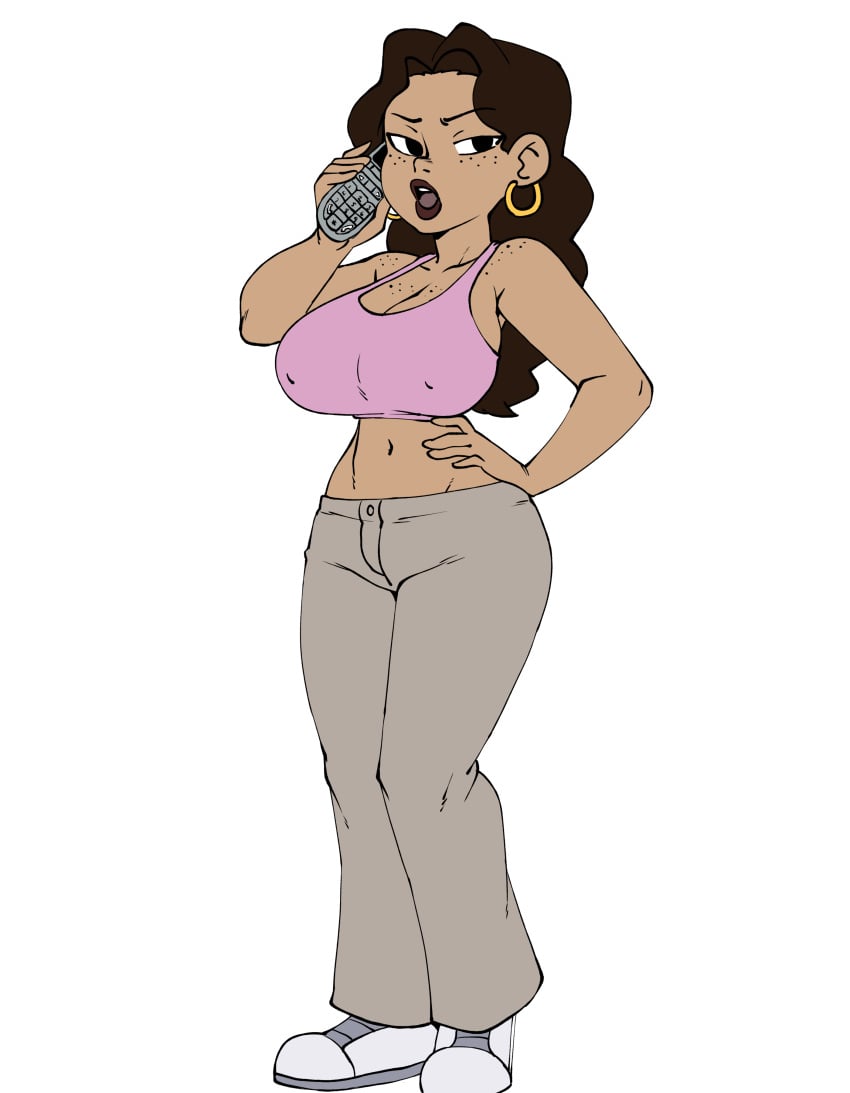 brown_hair brown_lips brown_skin cellphone darkeros13 female flat_colors freckles gold_earrings half-closed_eyes holding_phone hoop_earrings looking_to_the_side magenta_bra pants phone_call rachel_(eachminister) sneakers solo sports_bra standing wavy_hair