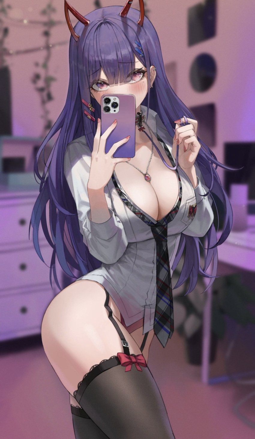 bedroom big_breasts blush bow cat_ears iphone necklace open_shirt pink_eyes purple_hair room school_uniform stockings tie