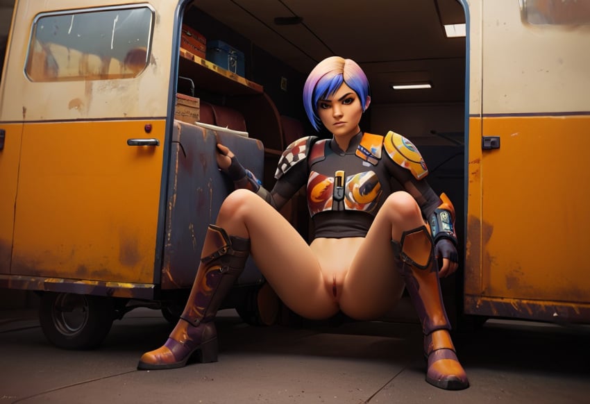 1girls ai_generated mandalorian_armor outdoors outside presenting_pussy pussy sabine_wren solo solo_focus standing star_wars star_wars_rebels van