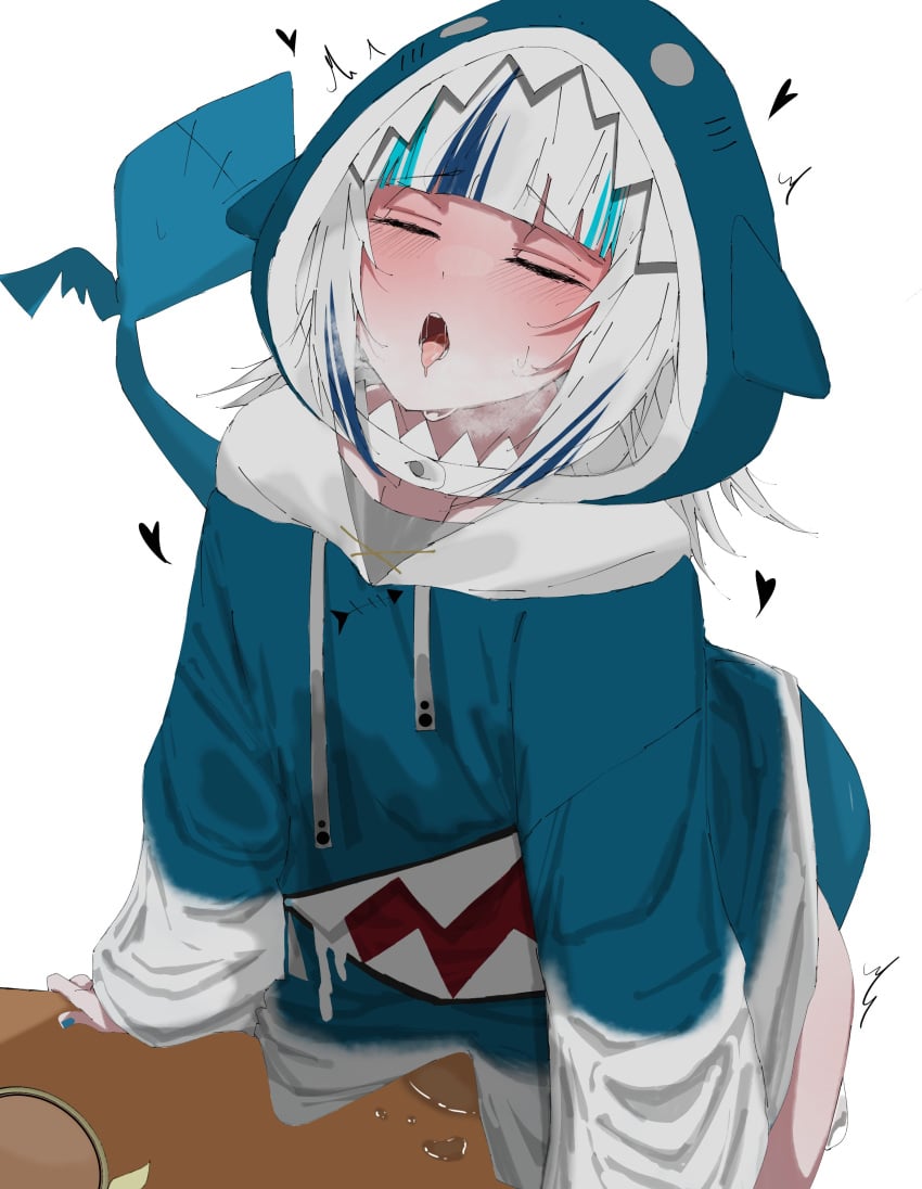 absurdres animal_costume animal_hood bangs blue_hair blue_hoodie blunt_bangs blush carrot_011 closed_eyes crotch_rub female female_masturbation fish_tail gawr_gura grey_hair heart highres hololive hololive_english hololive_myth hood hoodie implied_table_sex masturbation medium_hair multicolored_hair no_pants open_mouth pussy_juice pussy_juice_puddle saliva saliva_drip shark_costume shark_girl shark_hood shark_tail simple_background solo standing streaked_hair table_humping tail tongue tongue_out virtual_youtuber white_background