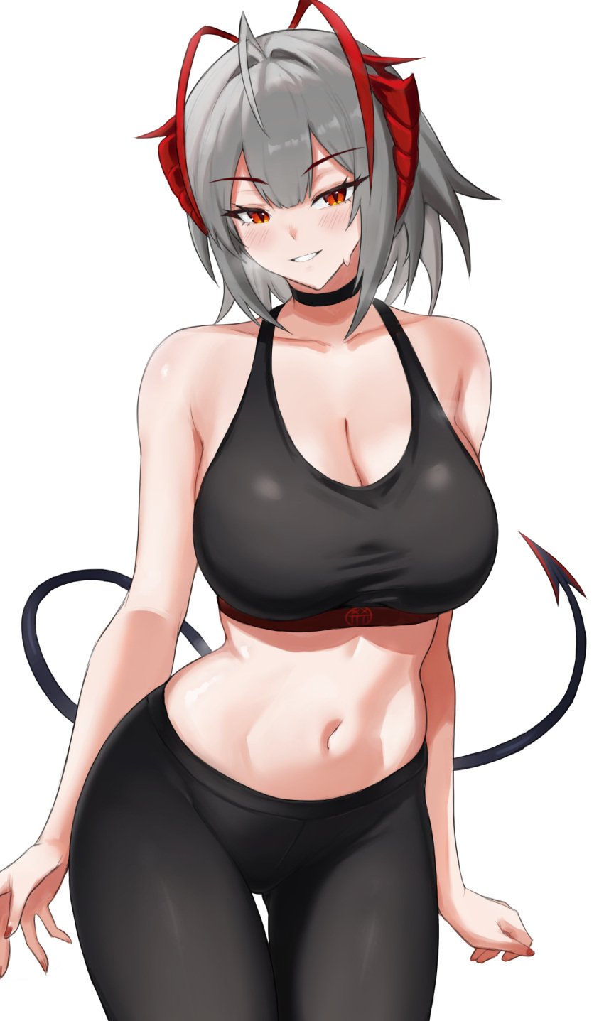 1girls antennae_(anatomy) arknights belly_button blush breasts clothed clothing fangsod female female_only grey_hair huge_breasts legwear light-skinned_female light_skin red_eyes red_nails solo sportswear tail tank_top w_(arknights)