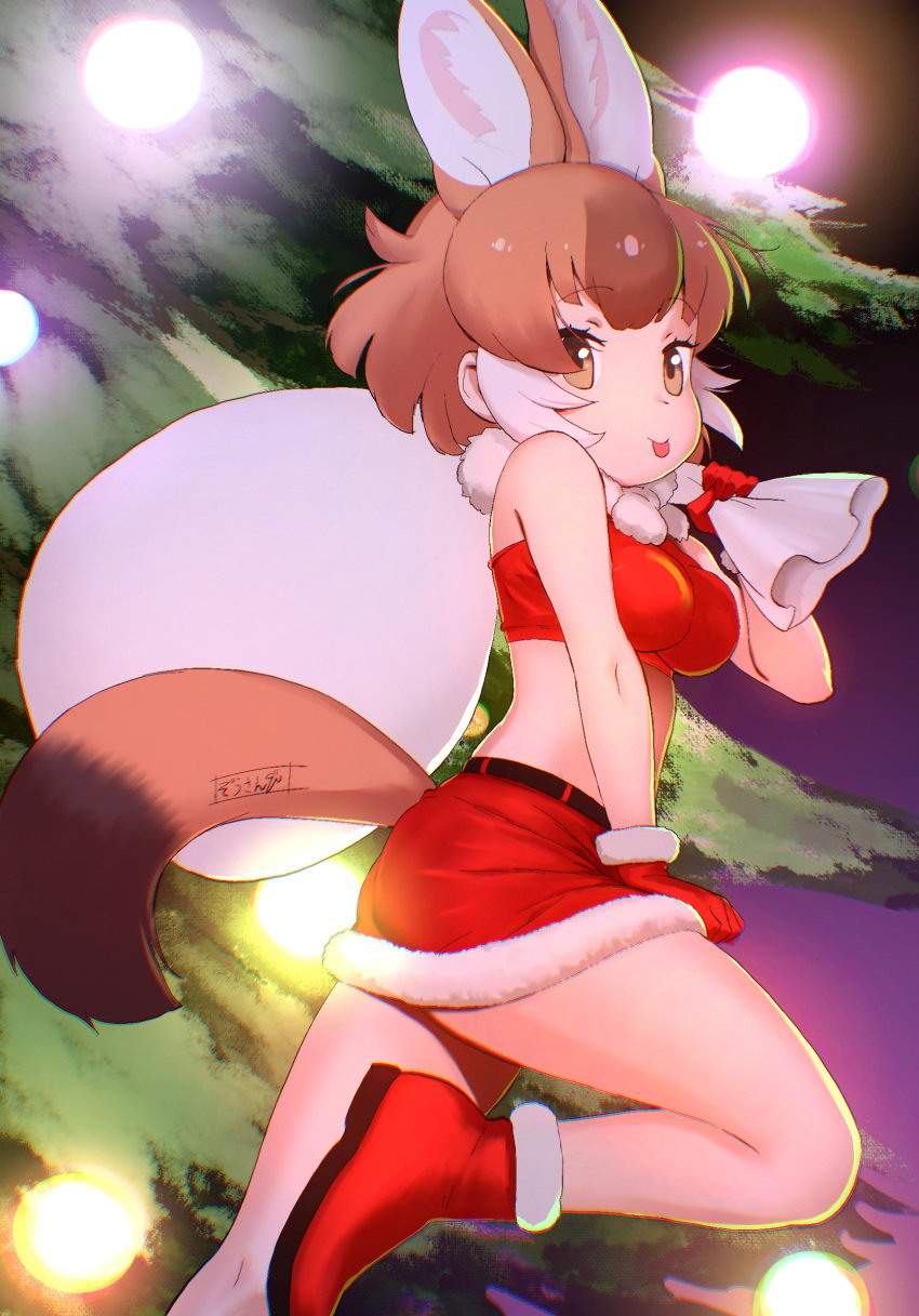 :p animal_ears bare_shoulders belt boots brown_hair christmas christmas_outfit christmas_tree clothing crop_top dhole_(kemono_friends) dog_ears dog_girl dog_tail extra_ears female footwear fur-trimmed_boots fur-trimmed_gloves fur-trimmed_skirt fur_collar fur_trim gloves high_resolution in_profile kemono_friends large_filesize long_hair looking_at_viewer looking_to_the_side masuyama_ryou midriff multicolored_hair red_footwear red_gloves red_skirt sack santa_costume skirt smile solo tail tail_through_clothes tongue tongue_out two-tone_hair white_hair