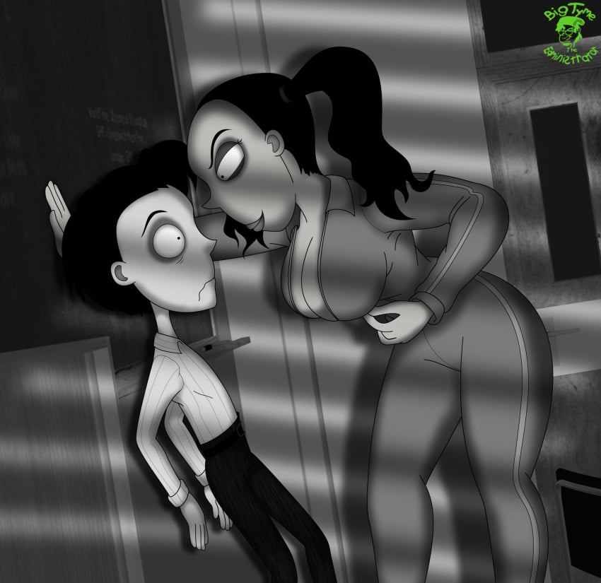 against_wall age_difference bigtyme black_and_white black_hair breasts coach dat_ass disney frankenweenie gym_teacher gym_teacher_(frankenweenie) imminent_sex school seductive_look smile smiling taller_girl teacher_and_student twintails unzipping victor_frankenstein_(frankenweenie)