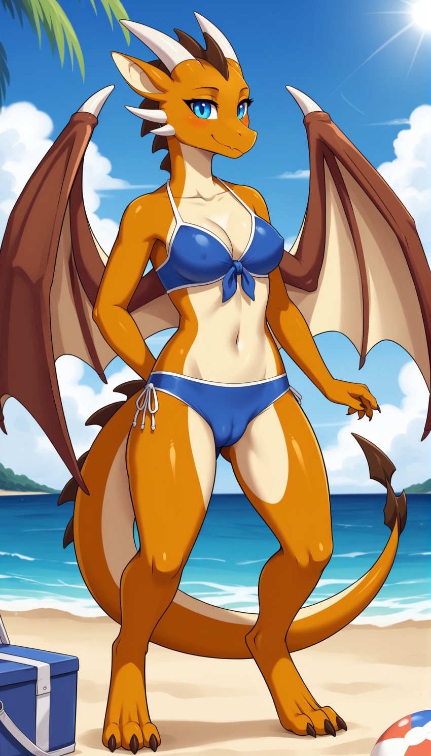 1girls 2024 ai_generated anthro beach beach_ball bikini blue_eyes blushing brown_body brown_dragon brown_scales cameltoe cleavage curvy_figure digitigrade dragon female female_only hand_behind_back hi_res horns looking_at_viewer mythological_creature mythological_scalie mythology nipple_bulge non-mammal_breasts outdoors reptile scalie seaside slit_pupils smile wings