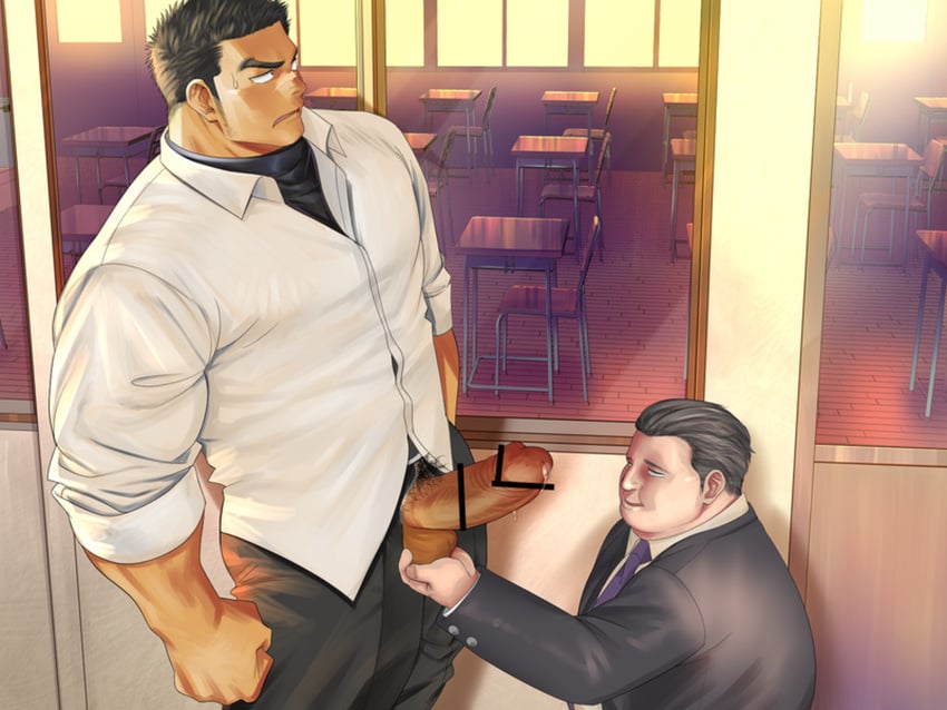 2boys age_difference balls bara beefy big_penis black_hair censor_bar censored censored_penis chubby classroom clenched_hand dwarf erection foreskin_folds game_cg gay grabbing_balls height_difference hi_res holding_balls hunk looking_at_penis looking_away male male/male male_only mature_male muscles muscular muscular_arms muscular_male necktie original original_character pants_open pecs precum precum_drip pubic_hair scar scar_on_nose school school_chair school_desk school_uniform short_hair sideburns_stubble standing suit sunset sweat sweatdrop thick_eyebrows thick_penis tough_guy unzipped yakisoba_ohmori