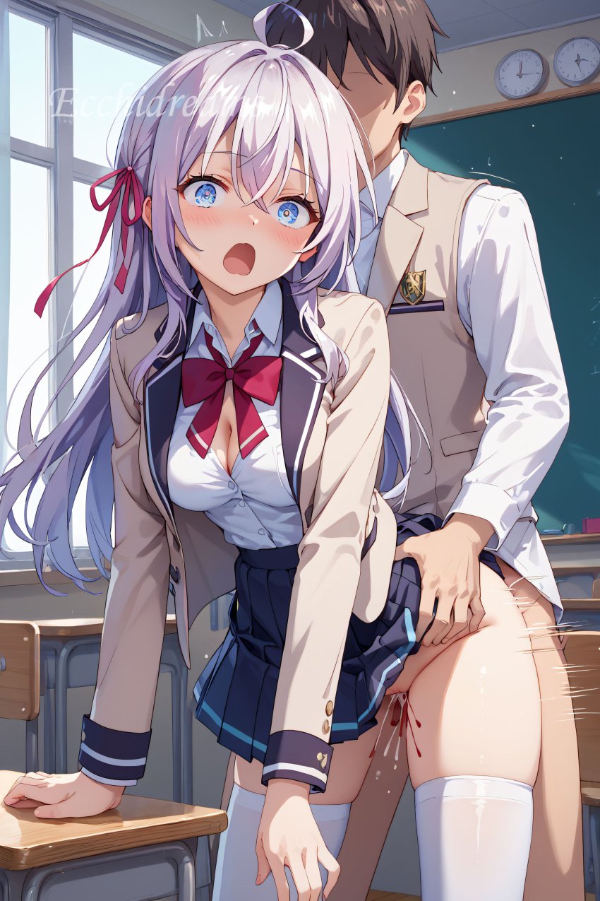 1boy 1girls ai_generated alisa_mikhailovna_kujou blush cum cum_inside doggy_style ecchidreams embarrassed hair_ribbon hi_res hip_grab legwear long_hair motion_lines open_mouth school_uniform schoolgirl seifuku sex sex_from_behind shirt skirt stable_diffusion straight surprised thighhighs tokidoki_bosotto_russian_de_dereru_tonari_no_alya-san vaginal_penetration virginal_blood white_hair white_legwear white_thighhighs wide_eyed