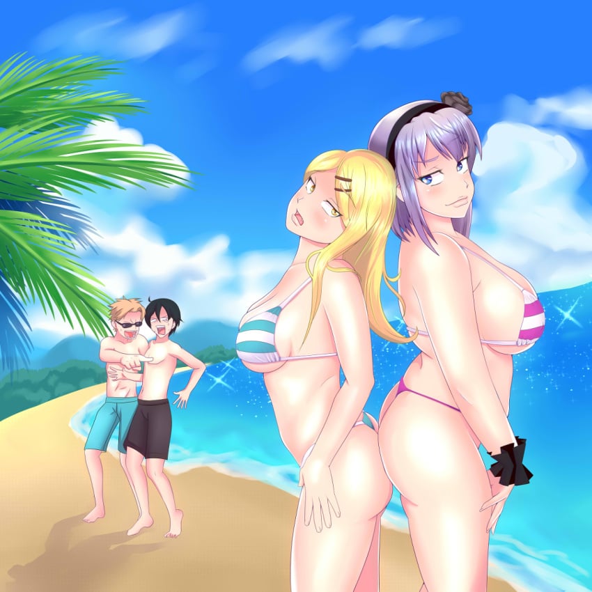 bbw beach bikini dagashi_kashi endou_saya_(dagashi_kashi) endou_tou looking_back open_mouth shidare_hotaru shikada_kokonotsu