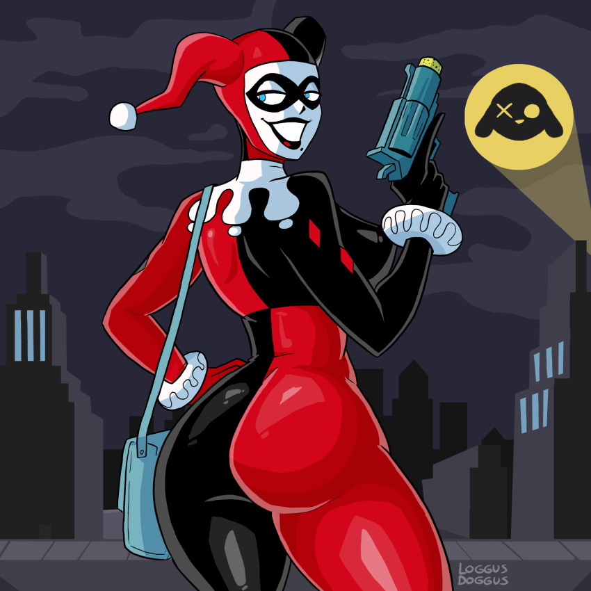 1girls batman:_the_animated_series batman_(series) beauty_mark black_lipstick blue_eyes clown clown_girl clown_makeup dc dc_comics female female_only frills fully_clothed gun harley_quinn harley_quinn_(classic) latex latex_gloves latex_suit lipstick loggus_doggus mask red_lipstick revolver shiny_clothes solo spandex spandex_suit superheroine supervillainess