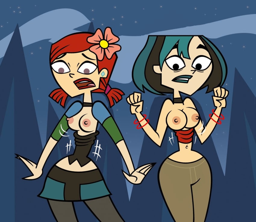 2girls accurate_art_style breasts breasts_out cartoon_network clothed clothes_swap embarrassed exposed exposed_breasts female female_only fresh_tv gwen_(tdi) head_swap ilpanza light-skinned_female looking_down nipples teletoon total_drama:_revenge_of_the_island total_drama_island wardrobe_malfunction zoey_(tdi)