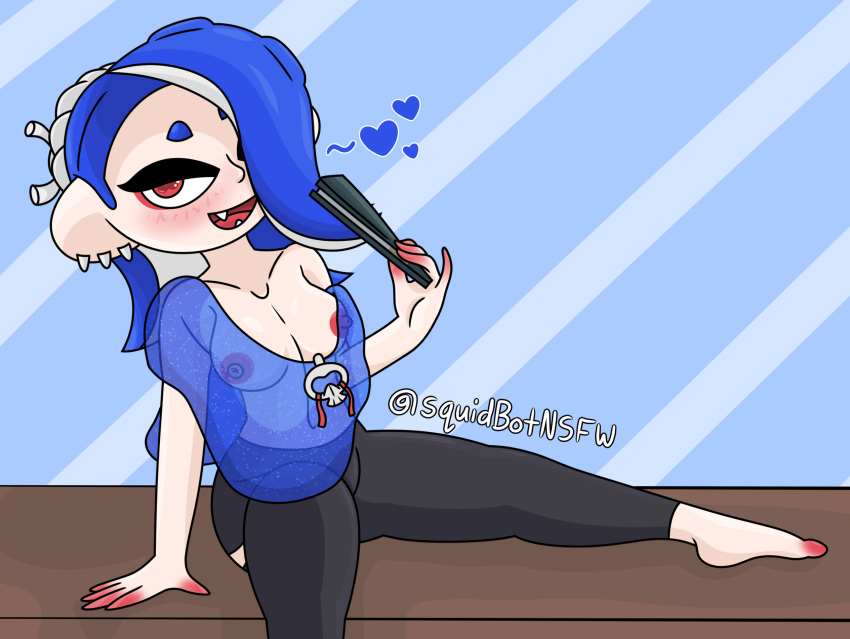 exposed_breasts heart leggings nintendo on_table shawl shiver_(splatoon) small_breasts splatoon splatoon_3 spread_legs squidbot suggestive_look tagme