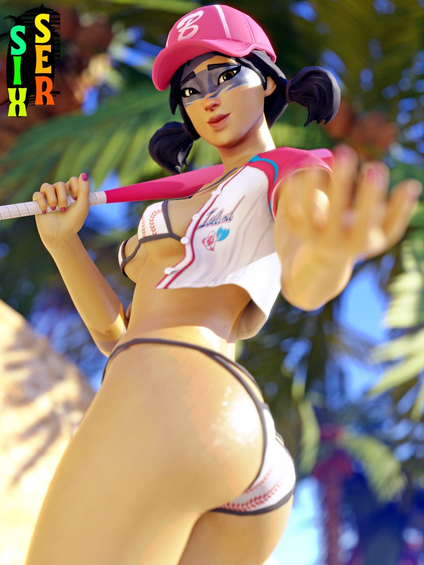 baseball_cap big_ass bikini black_hair fastball female female_only fortnite fortnite:_battle_royale gigantic_ass looking_at_viewer nail_polish outside pink_hat sixser standing