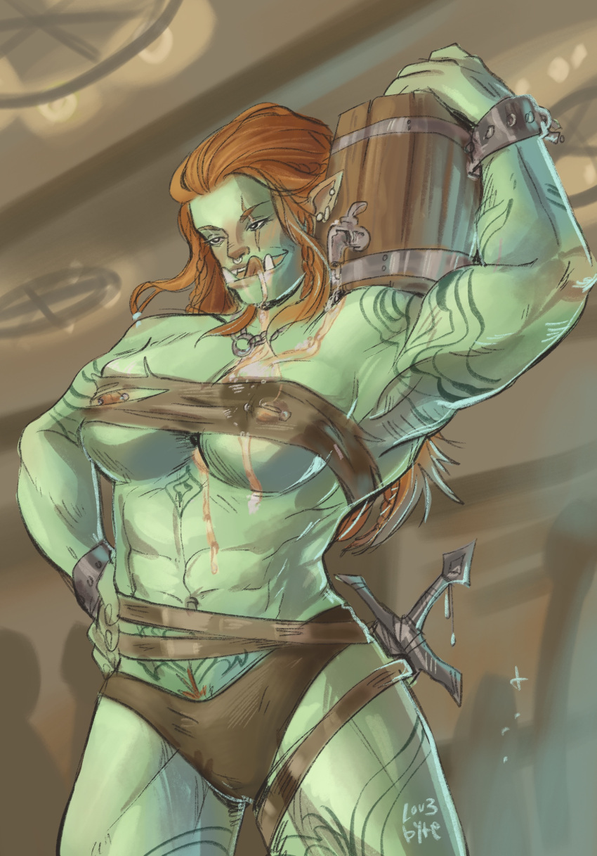 alcohol arm_up armpits arms_up beer breasts drinking dungeons_and_dragons fangs fantasy ginger green_skin lov3_byte muscle muscles muscular muscular_female nipple_piercing orc orc_female panties pointy_ears red_hair tattoo tattooed_arm tattoos tusks