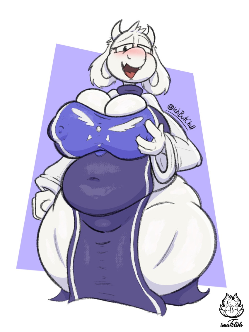 1girls 2d :d blush blushing_at_viewer female female_only fur furry goat imafetish large_ass large_breasts looking_at_viewer solo solo_female thighs thunder_thighs toriel undertale undertale_(series) white_fur