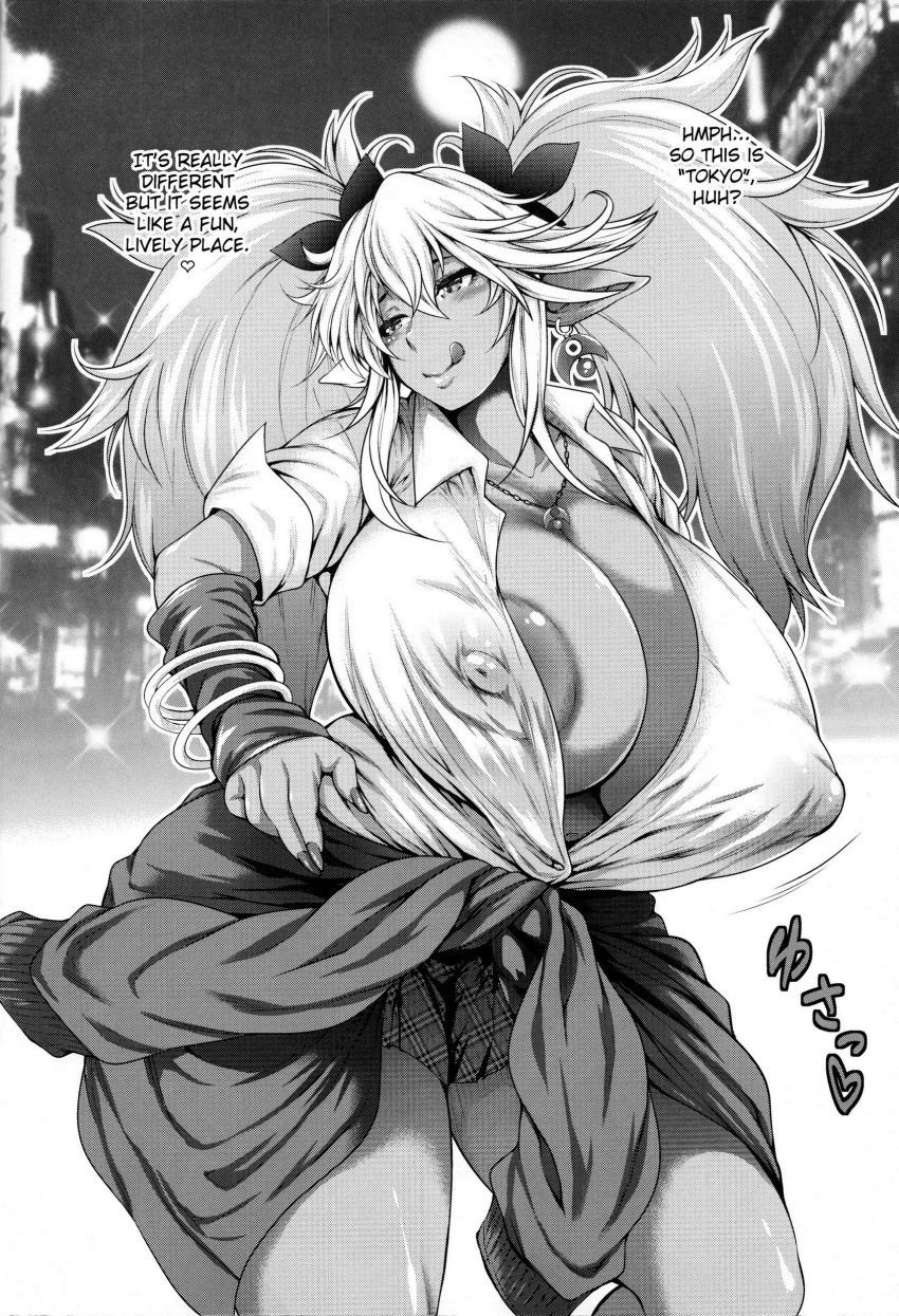 dark-skinned_female dark_elf gyaru nipples_visible_through_clothing t-heaven taihei_tengoku white_hair