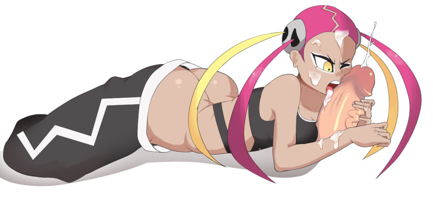 1boy 1girls ass_cleavage bubble_butt butt_crack dark-skinned_female dark_skin fellatio handjob no_panties pants pants_down plumeria_(pokemon) pokemon pokemon_sm redx331 sagging_pants tagme team_skull