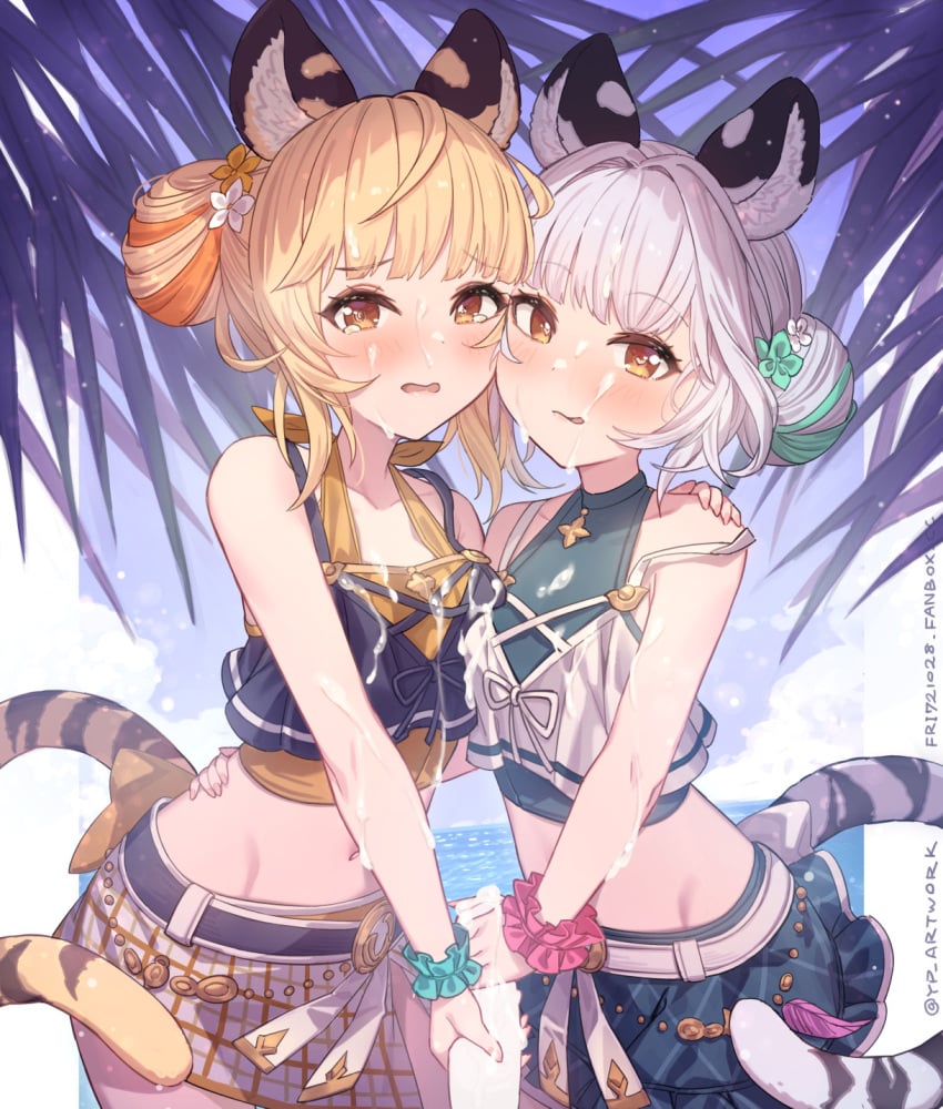 2girls @_@ animal_ear_fluff animal_ears arm_around_shoulder arm_around_waist bai_(granblue_fantasy) bangs belt black_belt blank_censor blonde_hair blue_skirt blush breasts censored cidala_(granblue_fantasy) cooperative_handjob cowboy_shot crop_top cum cum_on_body cum_on_breasts facial granblue_fantasy green_hair hair_bun hand_on_another's_shoulder heart heart-shaped_pupils highres huang_(granblue_fantasy) looking_at_viewer medium_hair midriff multicolored_hair multiple_girls navel orange_hair parted_lips plaid plaid_skirt scrunchie skirt standing streaked_hair symbol-shaped_pupils tail tiger_ears tiger_girl tiger_tail white_belt white_hair white_skirt wrist_scrunchie yellow_eyes yellowpaint.