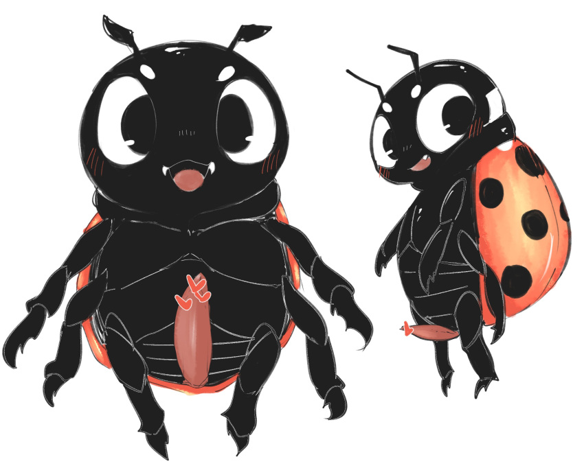 <3_censor antennae_(anatomy) anthro arthropod beetle black_body blush censored censored_penis chubby_male cucujoid doneru erection fangs genitals heart hi_res ineffective_censorship insects ladybug looking_aside looking_at_viewer male markings penis simple_background smile solo spots spotted_markings tapering_penis