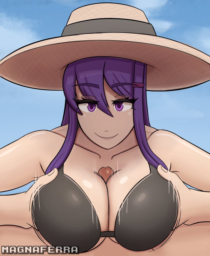 boobjob doki_doki_literature_club hat holding_breasts looking_at_viewer magna_ferra paizuri penis_between_breasts purple_eyes purple_hair smiling smiling_at_viewer summer sun_hat swimsuit titjob yuri_(doki_doki_literature_club)