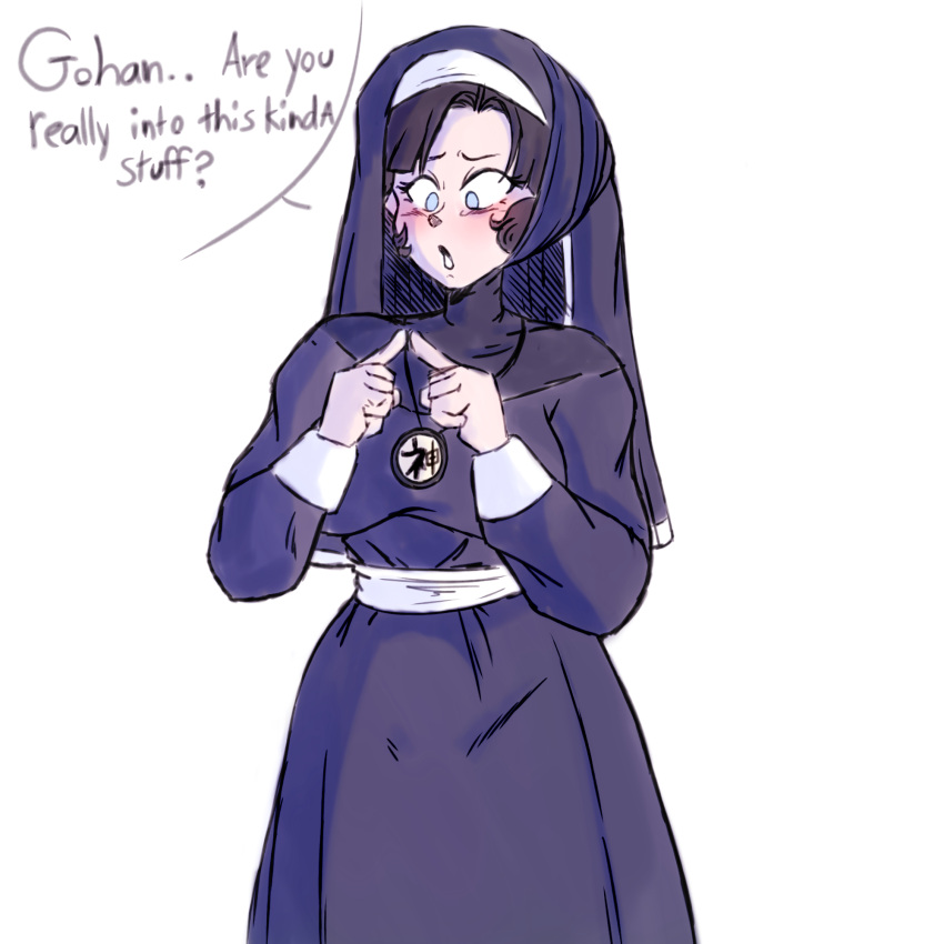 black_hair blue_eyes dragon_ball dragon_ball_z female fully_clothed nervous nun nun's_habit part_of_a_series princesskari shounen_jump solo son_gohan touching_fingers videl