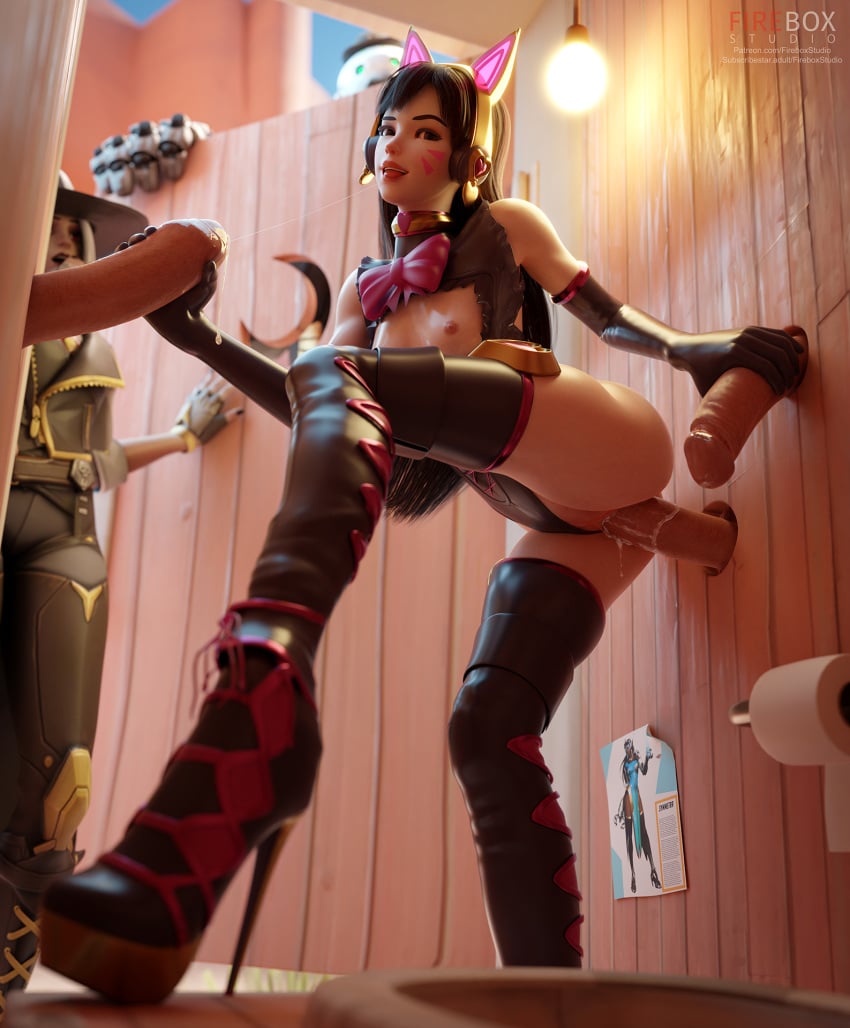 2girls 3boys 3d ashe_(overwatch) black_cat_d.va blender blizzard_entertainment breasts breasts_out brown_hair cat_ears clothed clothing cum cum_drip cum_in_pussy cum_inside d.va erection female_penetrated fireboxstudio gifdoozer's_black_cat_d.va glory_hole gloves hana_song hand_on_penis handjob heel_boots heels high_heel_boots high_heels highres legs legwear light-skinned_female light-skinned_male light_skin looking_at_viewer male/female male_penetrating male_penetrating_female markings medium_breasts overwatch overwatch_2 penile_penetration penis pleasure_face pussy ripped_clothing saliva_string saliva_trail sex spread_legs standing symmetra team_overwatch unseen_male_face vagina vaginal_penetration vaginal_sex walked_in_on watermark