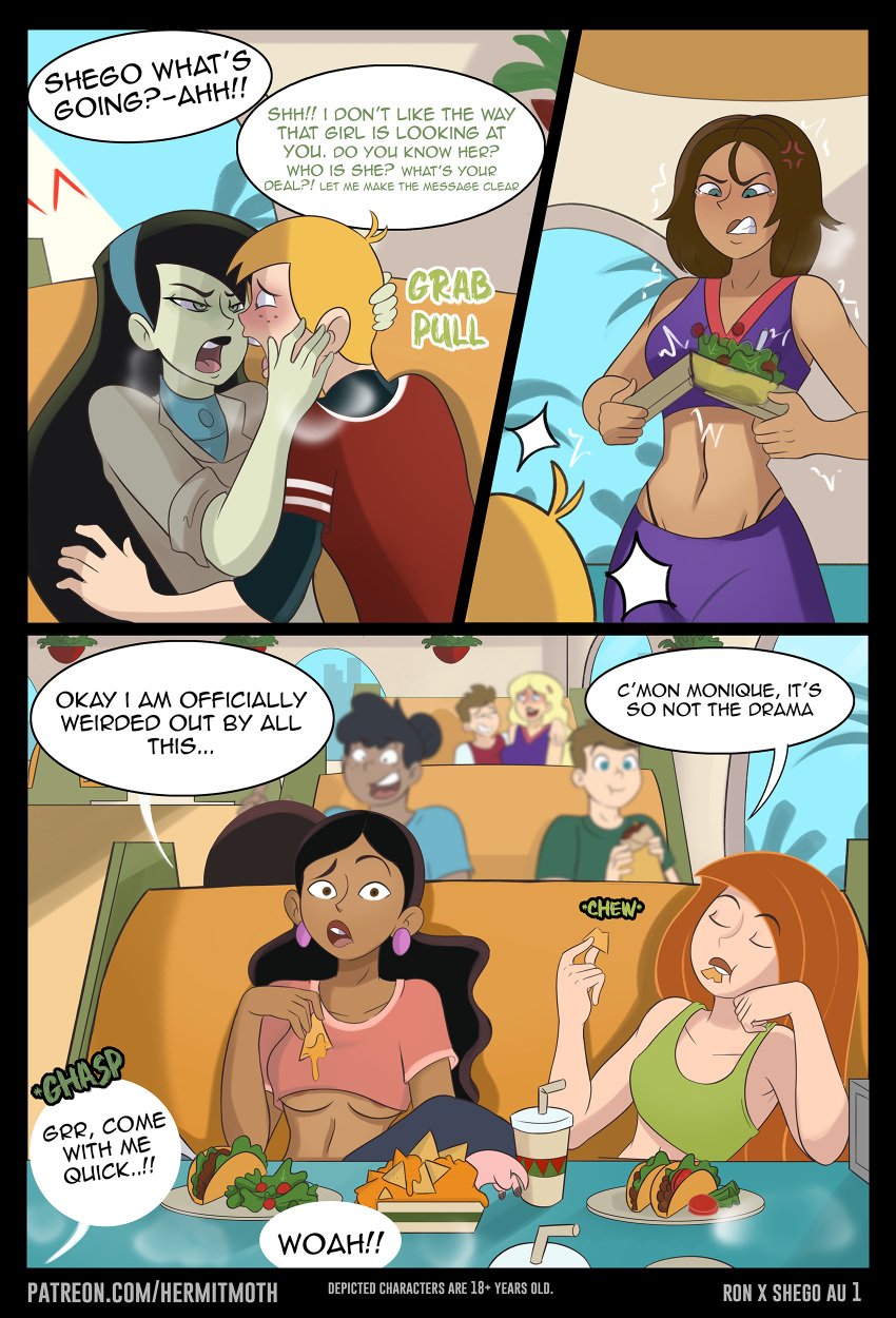 3girls angry athletic athletic_female big_breasts black_hair blonde_hair bonnie_rockwaller breasts brown_body brown_hair brown_skin brunette busty cheerleader cheerleader_uniform comic curvy dark_skin dialogue disney disney_channel english_text eyelashes female femdom fit fit_female food green_eyes hermitmoth hourglass_figure jealous kim_possible kimberly_ann_possible large_breasts legs lettuce light-skinned_female light_skin lips long_hair male mature_female melted_cheese miss_go monique_(kim_possible) multiple_girls nachos page_1 png possessive_female ron_stoppable salad shego short_hair speech_bubble straight taco tan_skin tanned_skin teal_eyes text thick_legs thick_thighs thighs tomato toned toned_female underboob voluptuous wide_hips