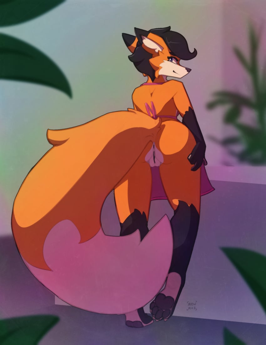 2022 anthro anus ass black_body black_fur black_hair canid canine digital_media_(artwork) female fox fur genitals gloves_(marking) hair hi_res honey_(mewmus) leg_markings long_tail looking_at_viewer looking_back looking_back_at_viewer mammal markings mewmus nude pawpads presenting presenting_hindquarters pussy smile socks_(marking) solo