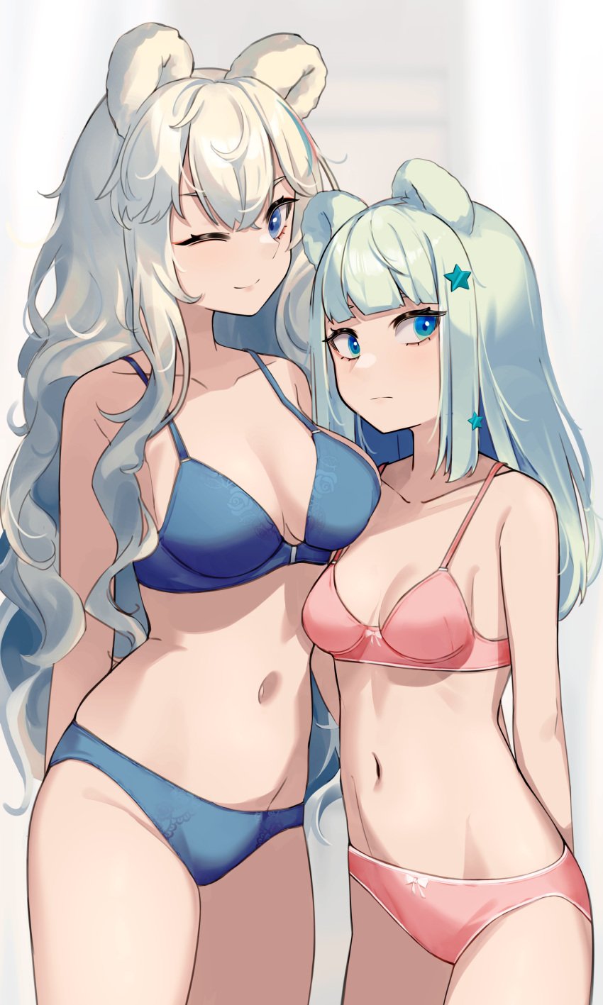 2girls animal_ears arknights bare_shoulders bear_ears belly big_breasts blue_bra blue_eyes blue_panties blue_underwear bored bra breast_size_difference breasts collarbone cute female female_only hairclip happy highres istina_(arknights) light-skinned_female long_hair looking_at_viewer looking_away medium_breasts multiple_girls navel one_eye_closed panties pink_bra pink_panties pink_underwear rosa_(arknights) smile standing thighs underwear very_long_hair wakamepiza white_background wink