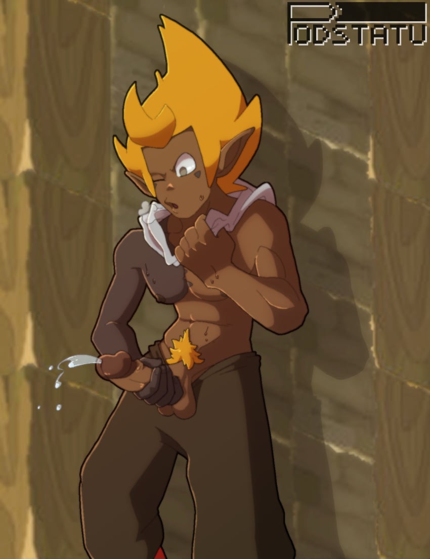 1boy big_penis cum cumming cumming_from_masturbation dofus iop male male_only masturbating masturbation muscles muscular muscular_male one_eye_closed orange_hair orange_pubic_hair podstatu pubic_hair scarf scarf_pull solo sweat sweatdrop sweating tan_body tan_skin tanned topless topless_male tristepin wakfu