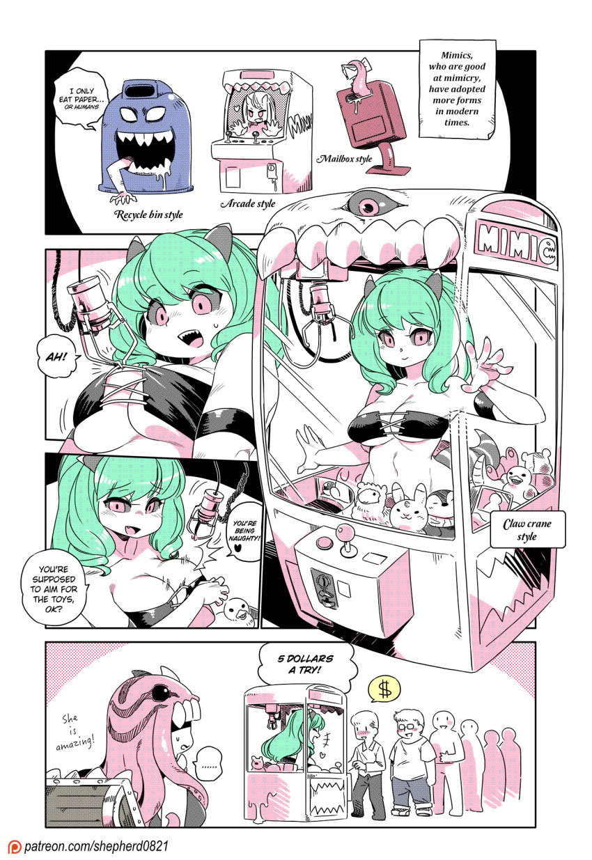 2022 big_breasts breasts characterful claw_machine cleavage comic crane_game green_hair horns humor mimic modern_mogal monster_girl shepherd0821 tagme